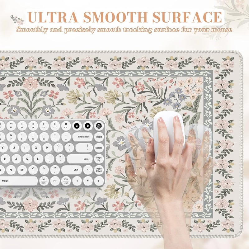 iCasso Desk Matt for Desktop, Cute Desk Pad Mat, XXL Large Mouse Pad, Anti-Slip Big Mousepad with Stitched Edges, Keyboard Pad for Computer(Gray Floral) - Image 3
